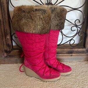 Coach Sofia fuchsia quilted wedge boots with rabbit fur trim